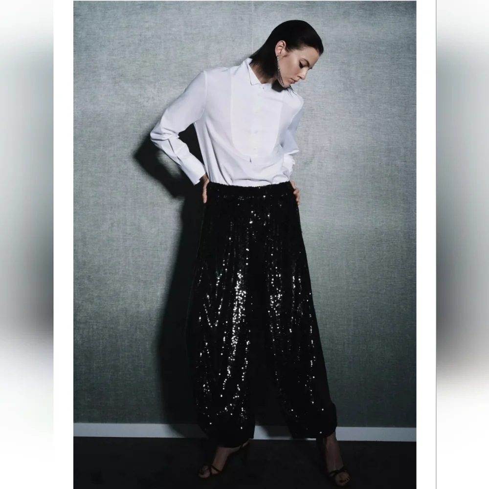 Zara SEQUIN BALLOON PANTS BLACK